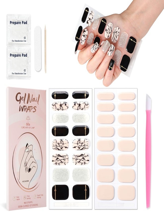 JERCLITY 2 Sheets 32pcs Semi Cured Gel Nail Strips, Gel Nail Wraps Needed LED Lamp to Cured, Ease to Use and Removal, Come with 2 Prep Pads,1 Nail File,1 Wooden Cuticle Stick(Milky+Marbling) - Image 1